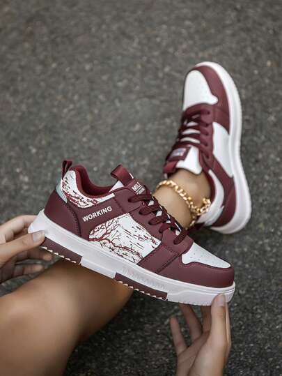 Women's New Stylish Color Block Increased Height Casual Outdoor Hiking Shoes, Fashion Letter & Branch Pattern Lace-Up Casual Skateboard Shoes for Sale Australia| New Collection Online| SHEIN Australia