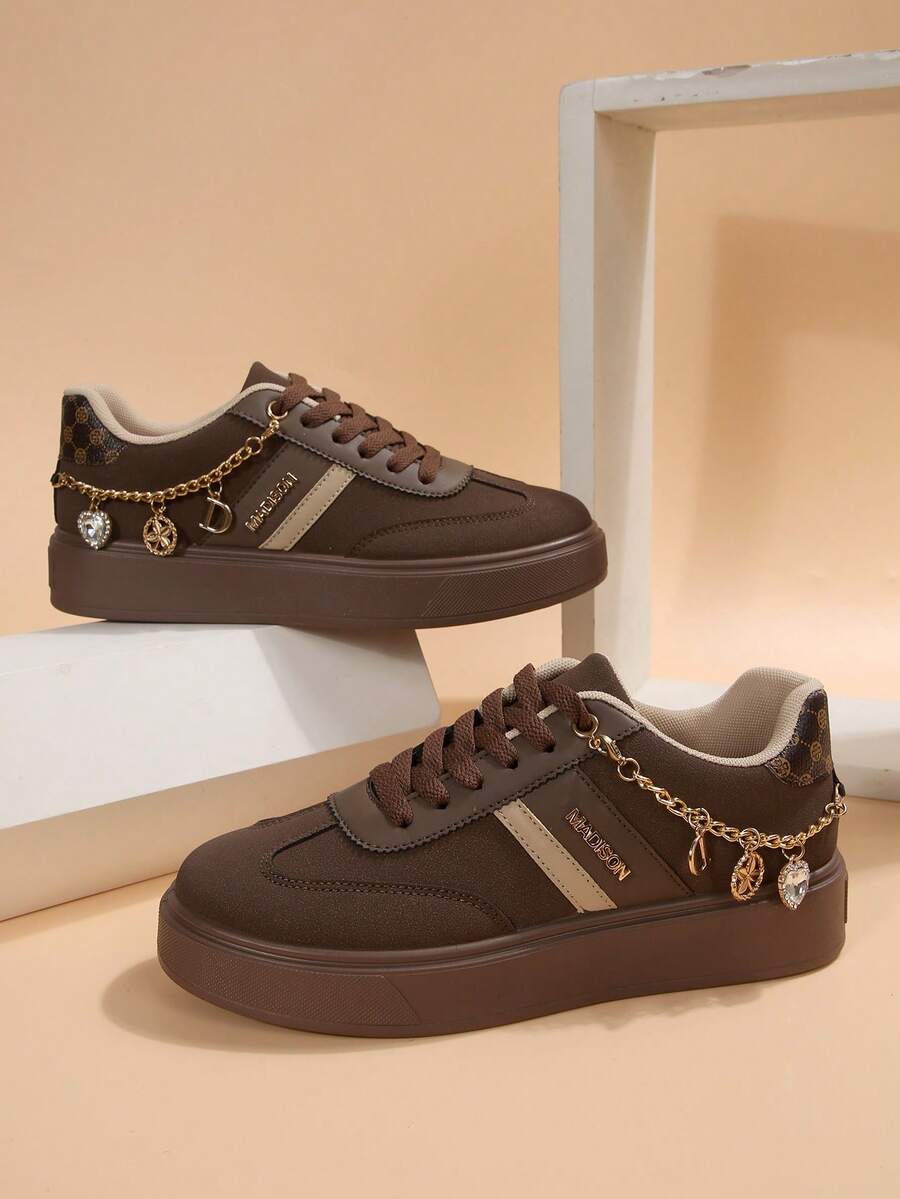 2025 New Thick Sole Casual Shoes For Women, Metal Chain Heart Pendant Leopard Print Patchwork Unique Design Versatile Flat Comfortable Sneakers for Sale Australia| New Collection Online| SHEIN Australia