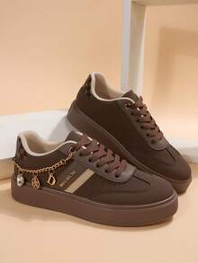 2025 New Thick Sole Casual Shoes For Women, Metal Chain Heart Pendant Leopard Print Patchwork Unique Design Versatile Flat Comfortable Sneakers for Sale Australia| New Collection Online| SHEIN Australia