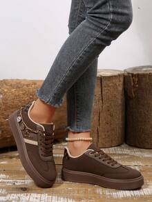 2025 New Thick Sole Casual Shoes For Women, Metal Chain Heart Pendant Leopard Print Patchwork Unique Design Versatile Flat Comfortable Sneakers for Sale Australia| New Collection Online| SHEIN Australia