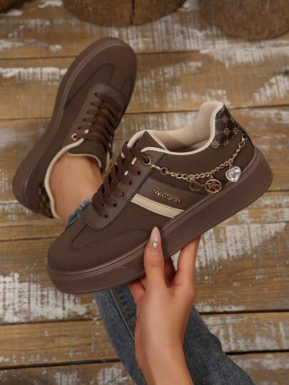 2025 New Thick Sole Casual Shoes For Women, Metal Chain Heart Pendant Leopard Print Patchwork Unique Design Versatile Flat Comfortable Sneakers for Sale Australia| New Collection Online| SHEIN Australia