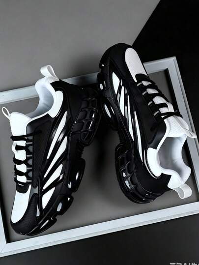 Men's 2026 Newest All-Black Thick Sole Chunky Sneakers, Height-Increasing Shock-Absorbing Breathable Mesh Sports Shoes, Streetwear Versatile Men's Shoes, Leather PU Mesh Splicing Marathon Running Shoes, Plus Size 46, Youth Handsome Men's Shoes for Sale Au