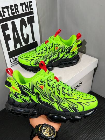 Men's Neon Green Flame Pattern Minimalist Versatile Casual Comfortable Running Shoes, Daily Colorblock Patchwork Low-Top Commuter Outdoor Sports Shoes, Air Cushion Running Shoes for Sale Australia| New Collection Online| SHEIN Australia